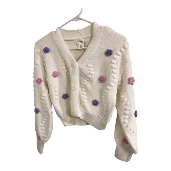 Jessica Simpson cream embroidery applique cable knit cardigan sweater size Small - Picture 8 of 11